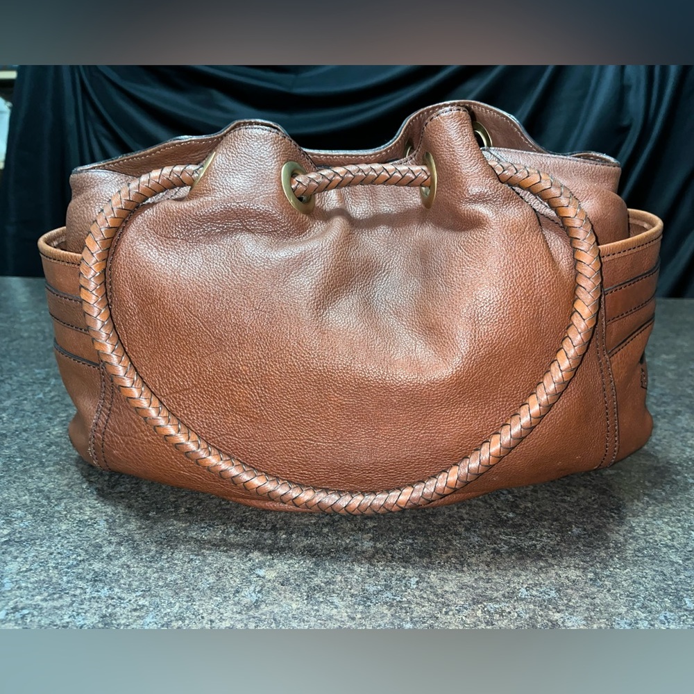 Cole Haan Denney Shoulder Bag Purse Tote Chocolate Brown Leather Woven Pockets